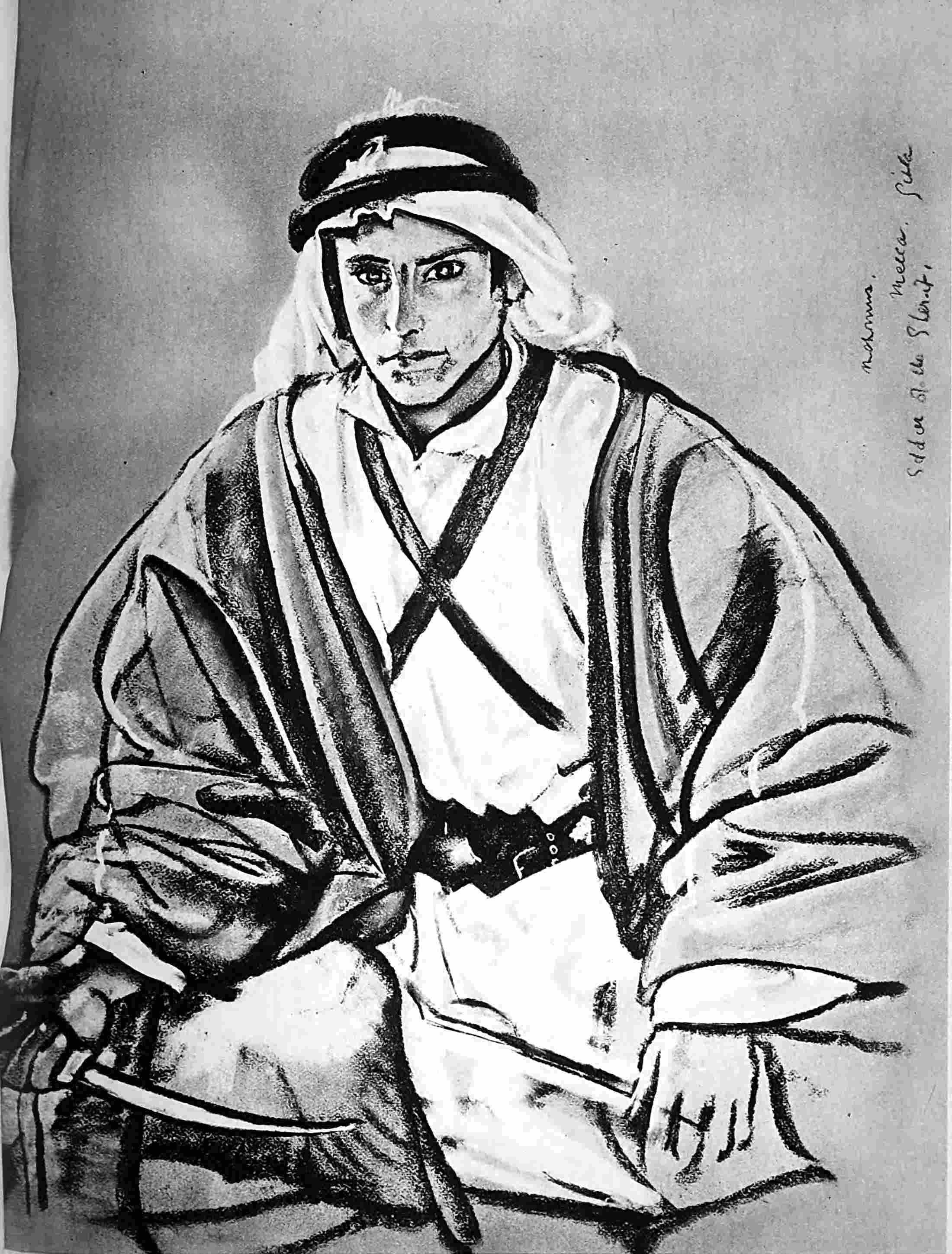 Pastel painting, seated on floor, holding a dagger