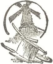 Decorative graphic of windmill and overturned barrow