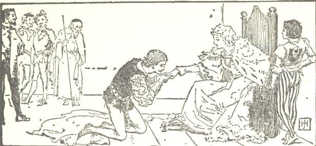 Decorative graphic of young man kissing the princess’
hand