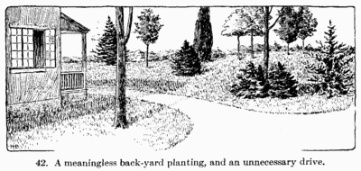 [Illustration: Fig. 42. A meaningless back-yard planting, and an
unnecessary drive.]