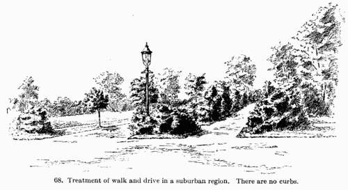 [Illustration: Fig. 68. Treatment of walk and
drive in a suburban region. There are no curbs.]