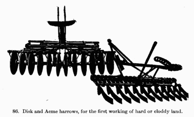 [Illustration: Fig. 86. Disk and Acme harrows, for the first working of
hard or cloddy land.]