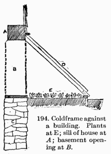[Illustration: Fig. 194. Coldframe against a building. Plants at E; sill
of house at A; basement opening at B.]