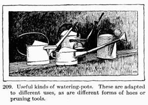 [Illustration: Fig. 209. Useful kinds of watering-pots. These are
adapted to different uses, as are different forms of hoes or
pruning tools.]
