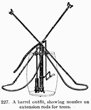 [Illustration: Fig. 227. A barrel outfit, showing nozzles on extension
rods for trees.]