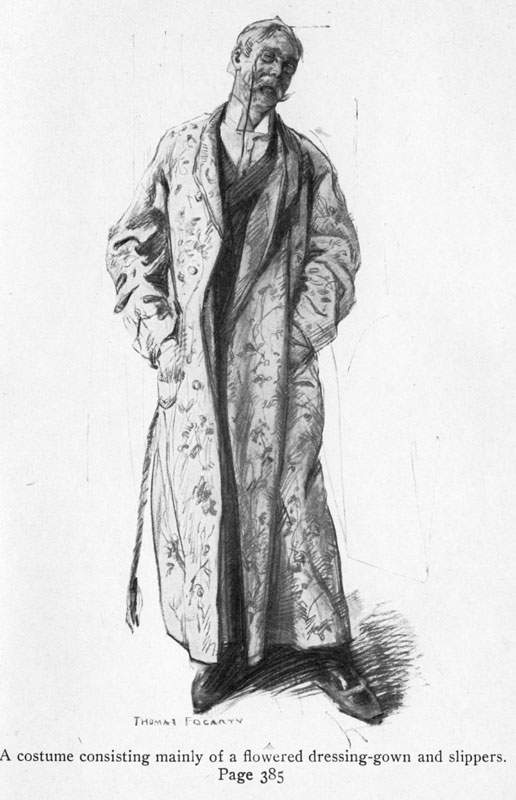 A costume consisting mainly of a flowered dressing-gown and slippers.